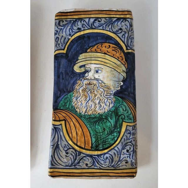 Pair of Italian Majolica Portrait Tiles, Renaissance Revival Figures For Sale - Image 4 of 7