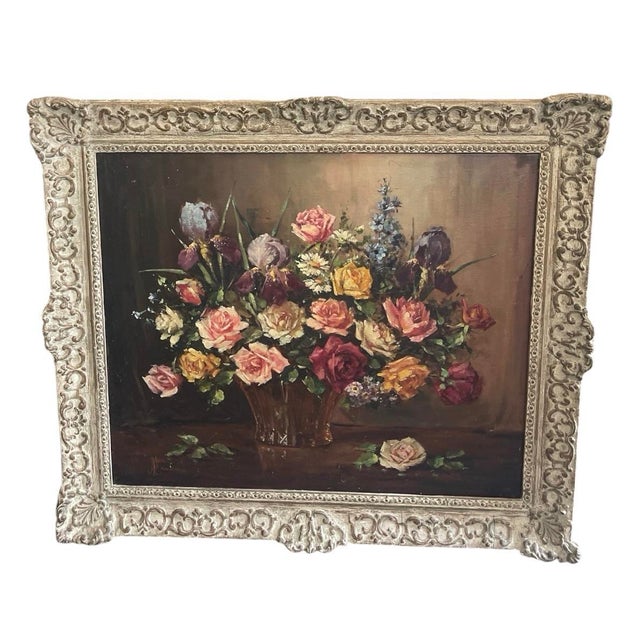 Baroque Vintage Continental Floral Still Life Oil Painting – Ornate Baroque Style Frame For Sale - Image 3 of 12