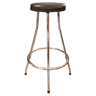 Vintage Stool with Tubular Steel Structure & Black Leather Seat For Sale