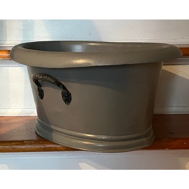 19th Century Antique 19th Century French Second Empire Tole Gray Painted Oval Jardiniere Cachepot Planter With Mask Handles For Sale - Image 5 of 18