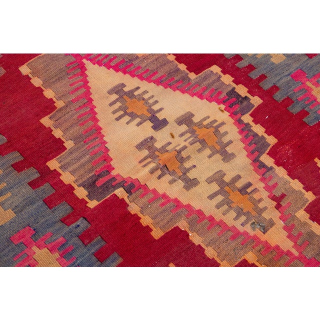 Textile Mid-20th Century Turkish Kilim Red Handmade Tribal Wool Runner For Sale - Image 7 of 8