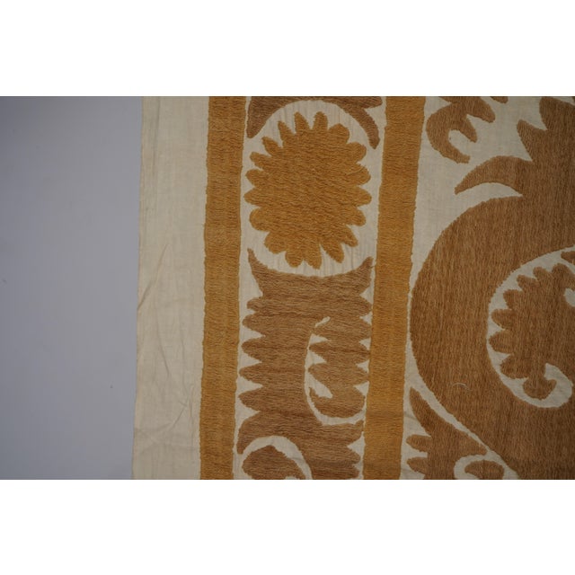 Textile Uzbek Suzani Textile, Square Red and Camel Table Cover in Red Tones 4'2'' X 4'9'' For Sale - Image 7 of 16