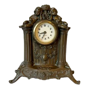 Antique Edwardian Circa 1910 Precista Cast Metal Putti Cherubs Mantle Clock - England