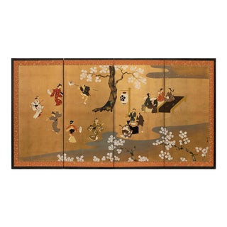 Post-1940s Chikusen Morishita "Cherry Festival" Japanese Edo Style Painted Byobu Screen For Sale