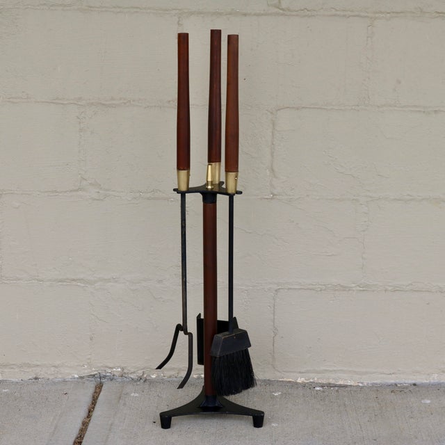 1960s Mid 20th Century Wrought Iron, Brass and Wood Fireplace Tools by Seymour Manufacturing For Sale - Image 5 of 9