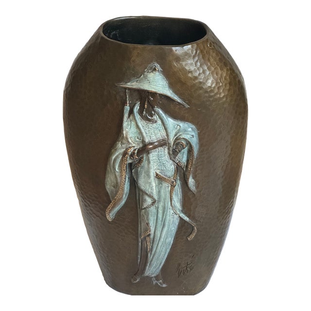 1980s Erte’s “Chapeau” Hammered Bronze and Enamel Vase With Erte’s Signature For Sale