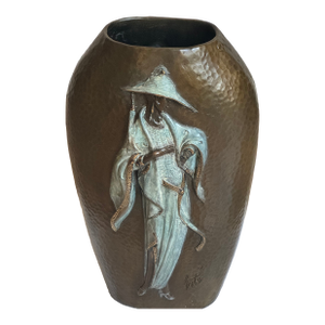 1980s Erte’s “Chapeau” Hammered Bronze and Enamel Vase With Erte’s Signature