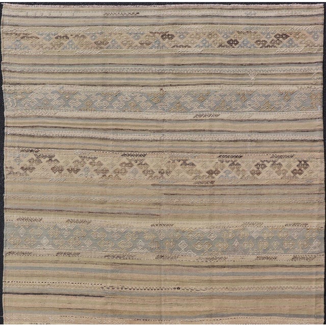 Measures: 5'3 x 9'0 Turkish Vintage Kilim With Embroidered Motifs in Earthy Tones with Blue-Gray. Keivan Woven Arts / rug...
