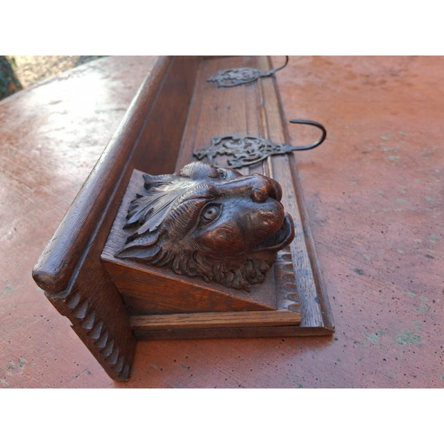 Wall Shelf in Oak with Lion Heads and Hooks For Sale - Image 14 of 15