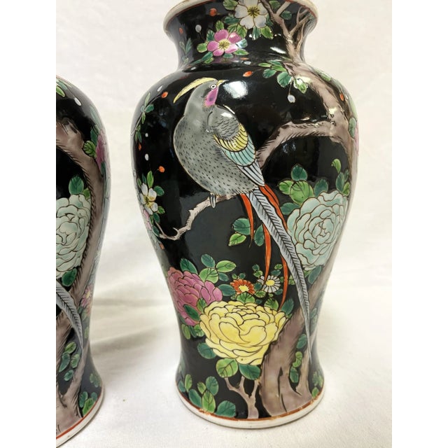Black Mid Century Chinoiserie Birds With Peonies Hand Painted Porcelain Vases- a Pair For Sale - Image 8 of 12