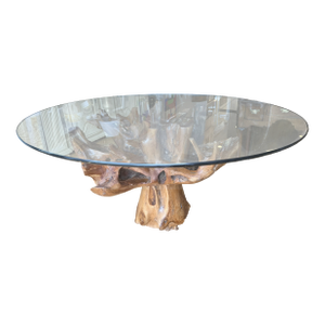 Live Edge Cedar Root Dining Table With Oval Glass Top by Hastening Designs