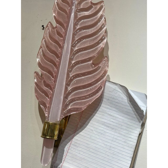 Pink Murano Glass & Brass Leaf Form Wall Sconces - A Pair For Sale In Dallas - Image 6 of 8