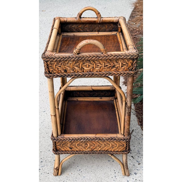 Mid-Century Modern Vintage Bamboo Wicker Rattan 2-Tier Table Stand Occasional Table For Sale - Image 3 of 12