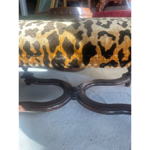 French Louis XIII Style Turned Wood Ottoman, Animal Print Velvet For Sale - Image 16 of 16