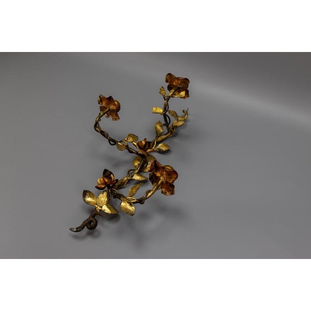 Hollywood Regency Gilt Tole Metal Triple-Arm Floral Wall Candle Sconce, 1970s For Sale - Image 14 of 18