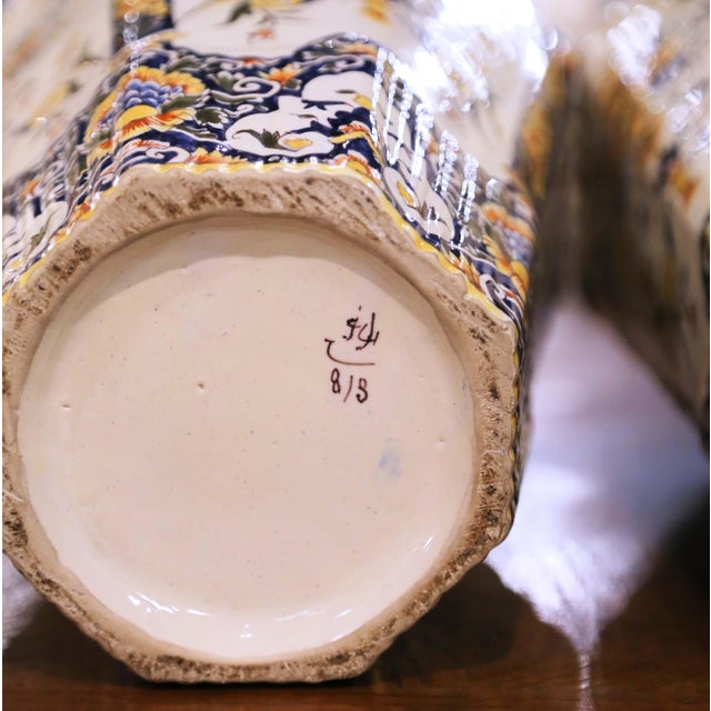 Pair of 19th Century French Hand Painted Desvres Faience Vases With Lids For Sale - Image 9 of 10