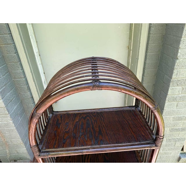 Wood Pair of Vintage Arched Bookcases Etageres in Dark Rattan For Sale - Image 7 of 12