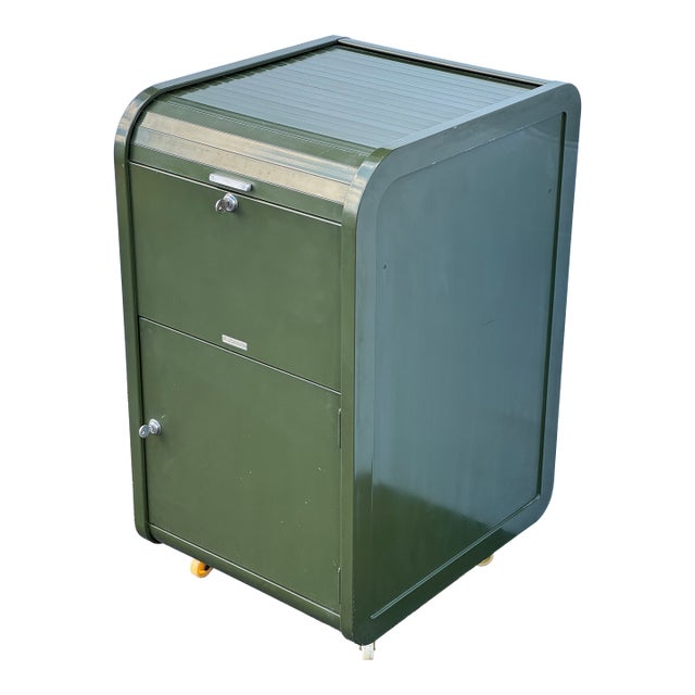 1950s Avocado Green Locking Metal Waterfall Rolltop File Cabinet Safe For Sale