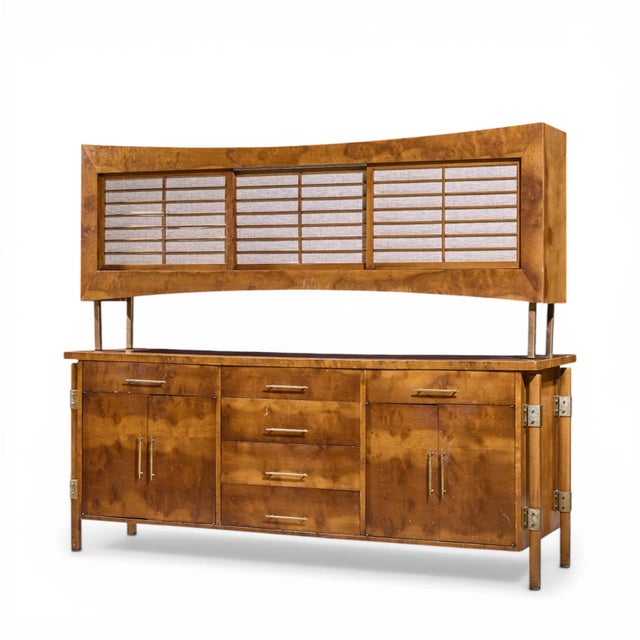 Mid-Century Modern Harold Schwartz for Romweber Mid Century Burlwood and Brass Credenza and Hutch For Sale - Image 3 of 13