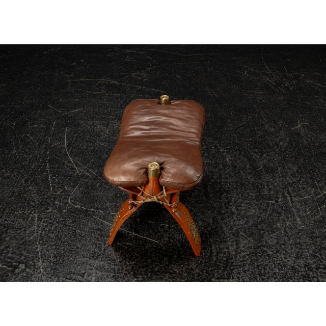 Moroccan Camel Saddle Stool in Stained Wood with Brass and Leather, 1980s For Sale - Image 10 of 18