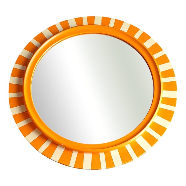 Vintage Round Wall Mirror with Orange-White Painted Frame, 1970s For Sale