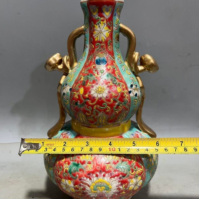 Famille Rose Gilded Double Gourd Vase With Ruyi Handles, Chinoiserie Decor Vessel For Sale - Image 4 of 8