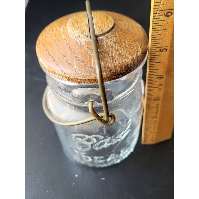 Wood Vintage Ball Glass Jar With Wooden Lid & Metal Wire Clamp For Sale - Image 7 of 8