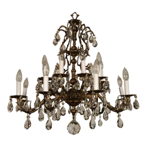 Vintage French Brass 9 Arm 18 Lite Gigantic Opulent Cut Lead Crystal Chandelier