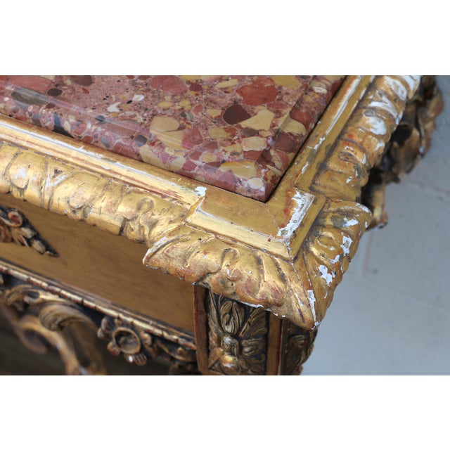 Antique Italian Baroque Giltwood Console Tables With Breccia Marble Tops | Pair | Circa 1900s For Sale - Image 9 of 18