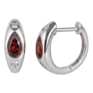 Natural Garnet & Cubic Zirconia Huggies, 925 Silver Handmade Earrings - A Pair For Sale