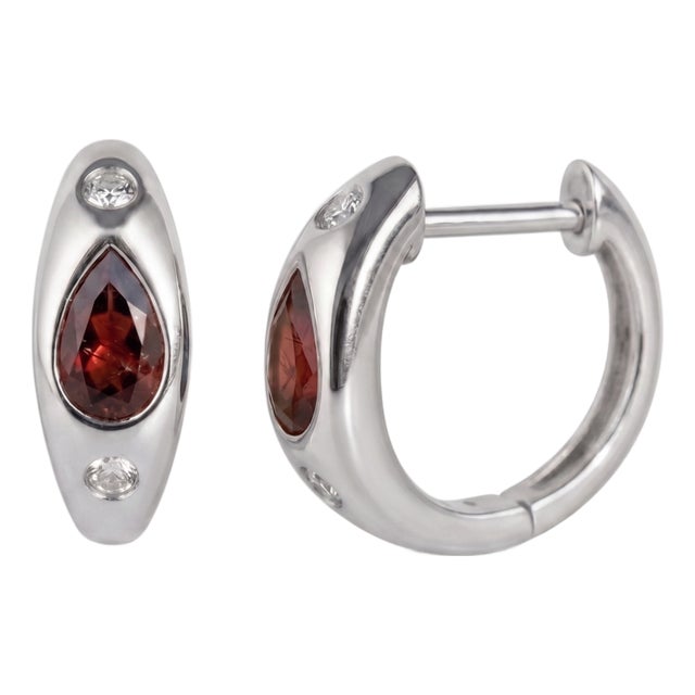 Natural Garnet & Cubic Zirconia Huggies, 925 Silver Handmade Earrings - A Pair For Sale