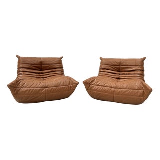 Togo Lounge Chairs in Cognac Cow Leather attributed to Michel Ducaroy for Ligne Roset, Set of 2 For Sale