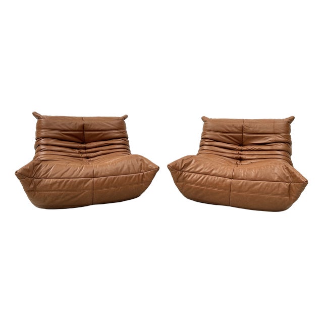Togo Lounge Chairs in Cognac Cow Leather attributed to Michel Ducaroy for Ligne Roset, Set of 2 For Sale