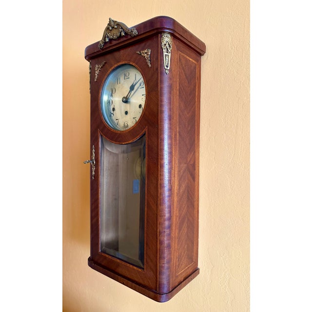 Antique German Inlaid French Style Box Wall Clock 8 Day With Westminster Chime For Sale In San Francisco - Image 6 of 11