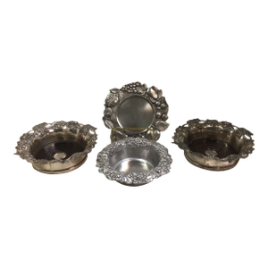 2 Vintage Sheffield Silver Plated Wine Bottle Coasters,1 Italian Pewter Coaster, 1 Author Court Wine Bottle Coaster-Set of 4