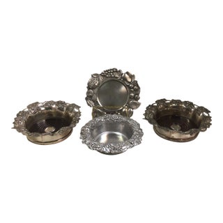 Sheffield Silver Plated Wine Bottle Coasters,1 Italian Pewter Coaster, 1 Author Court Wine Bottle Coaster- Group of 4 For Sale