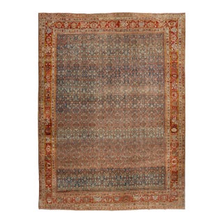 Antique Bidjar Persian Wool Rug Handmade in Blue With Geometric Motifs For Sale