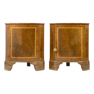 Mid-Century Walnut Corner Cupboards with Boxwood Inlay For Sale