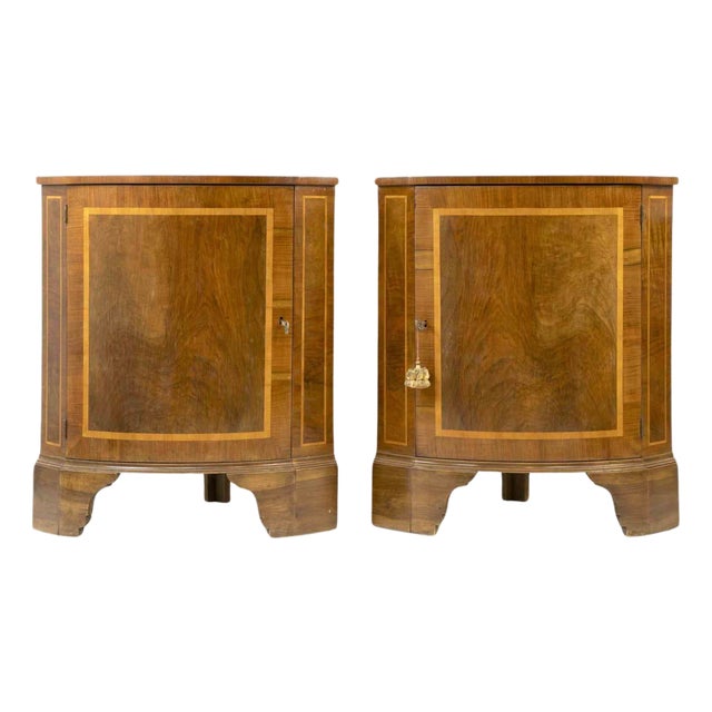 Mid-Century Walnut Corner Cupboards with Boxwood Inlay For Sale