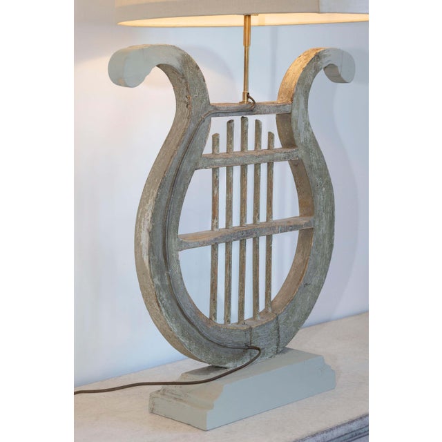 19th Century French Gustavian Lyre Table Lamp in Distressed Wood with Shade For Sale In Atlanta - Image 6 of 9
