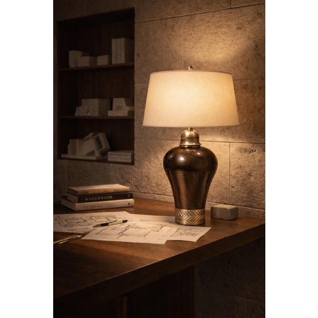 Vintage Hammered Bronze Table Lamp With Chevron Nickel Band & Linen Shade – Sculptural Designer Style – 34” For Sale - Image 10 of 12