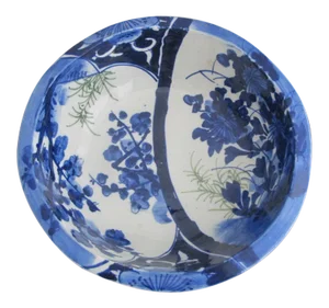 Chinese Glazed Porcelain Cobalt Blue Floral & Green Leaves Bowl
