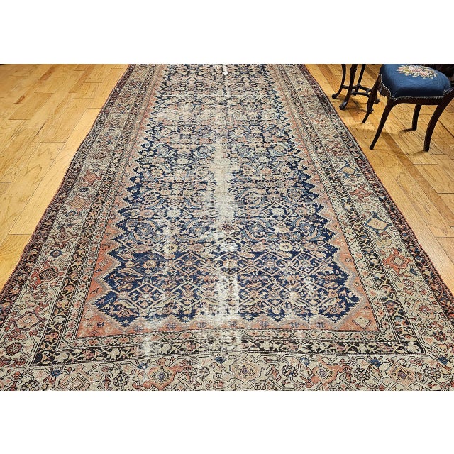 Late 19th Century Antique Persian Malayer Gallery Rug, Hand-Knotted Wool, Geometric Pattern, 7x15, Blue & Ivory For Sale - Image 5 of 18