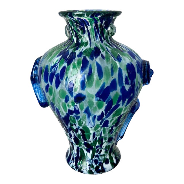 Blue and Green Spatter Art Glass Vase With Cobalt Scroll Handles For Sale