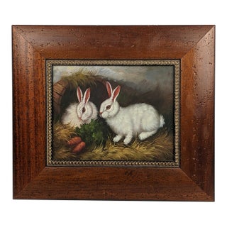 Vintage Rabbit Oil Painting in Brown, Cream & Green With Carved Gilt Wood Frame For Sale