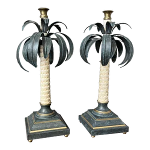 1990s Italian Hand Painted Palm Tree Candle Sticks - a Pair
