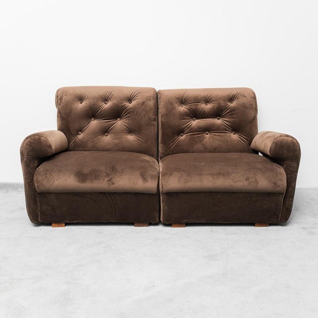 Modular 2 seater made in the 70s. Brown velvet upholstery. Restored item.