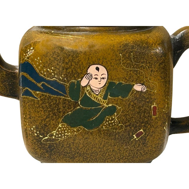 Sculpture Materials Vintage Chinese Mustard Yellow Graphic Zisha Clay Teapot Art Display For Sale - Image 7 of 9