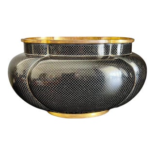 Vintage Cloisonné Brass Planter in Black For Sale