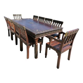 Anglo-Indian Raj Table and Chairs with Metal Decor, 1920s, Set of 11 For Sale